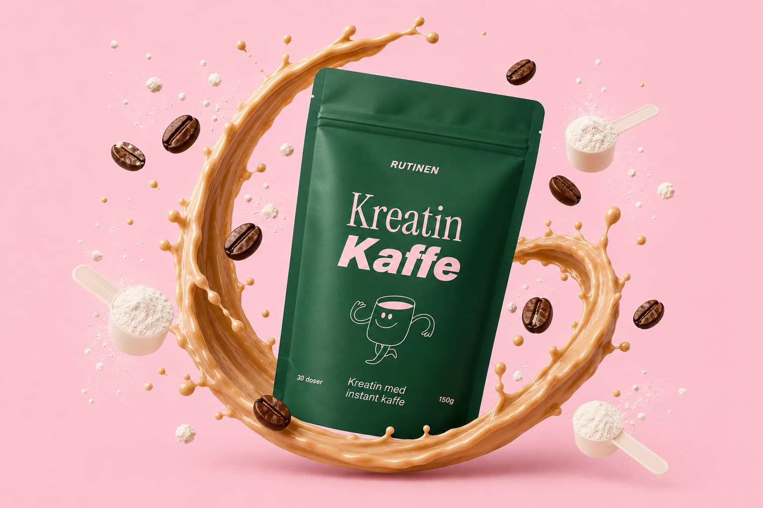 Rutinen Kreatin Kaffe pouch — creatine with instant coffee — amid a coffee splash with beans and scoops of powder on a pink background.